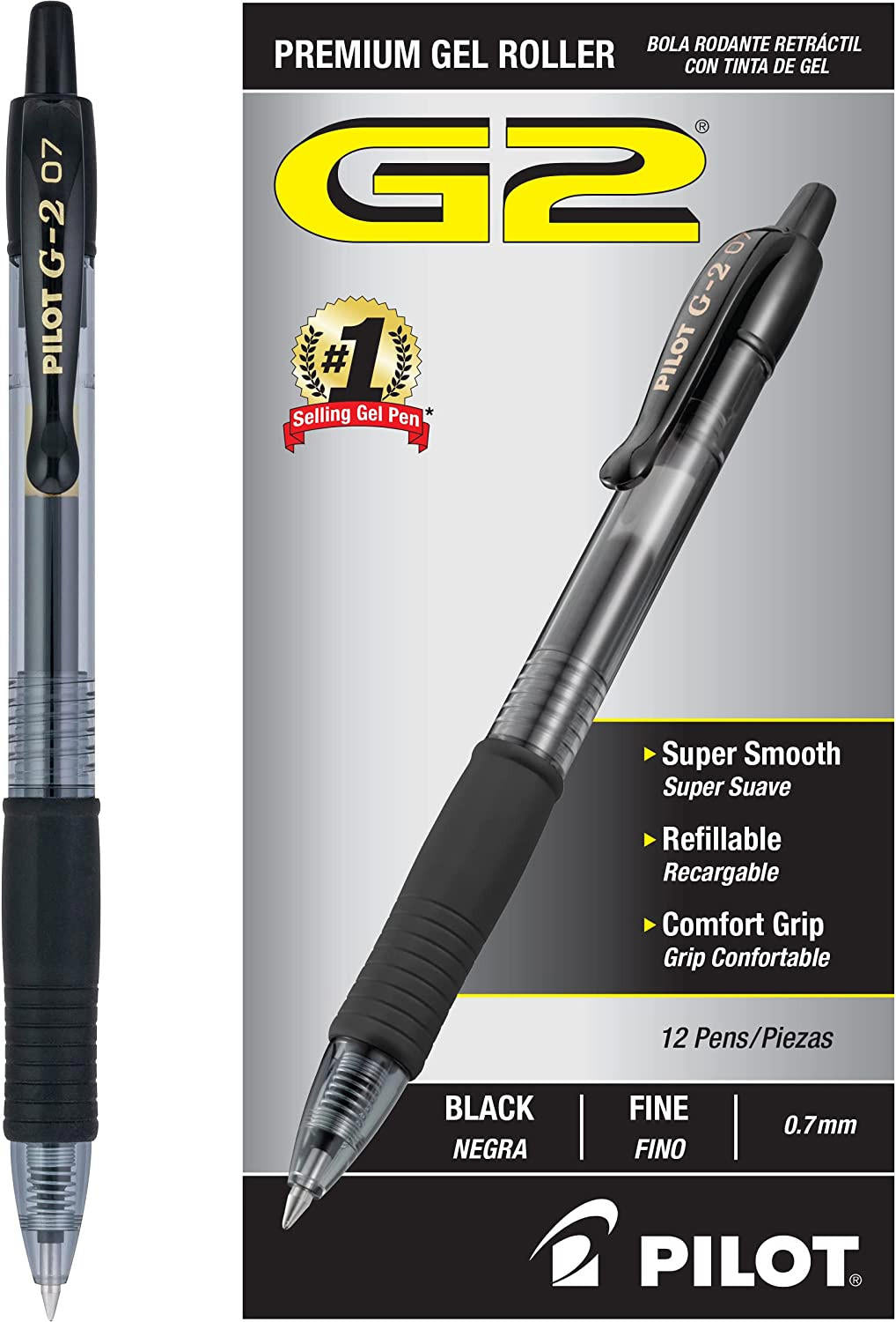 Pilot G2 Premium Gel Roller Pens - Pack of 12, 0.7mm - Black Ink
