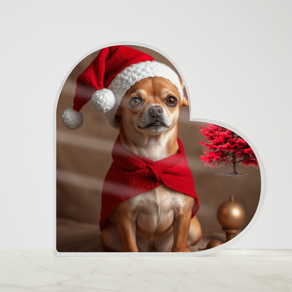 Christmas Chihuahua With red pine tree Acrylic Heart Shaped Plaque