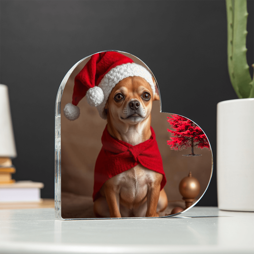 Christmas Chihuahua With red pine tree Acrylic Heart Shaped Plaque