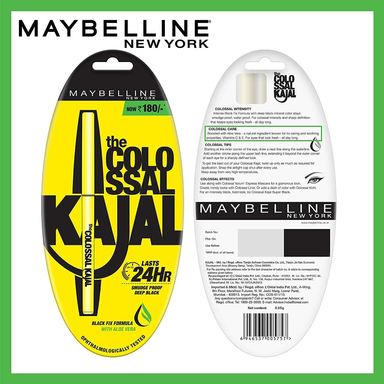 Maybelline New York Colossal Kajal, Black, 0.35g (Pack Of 2)