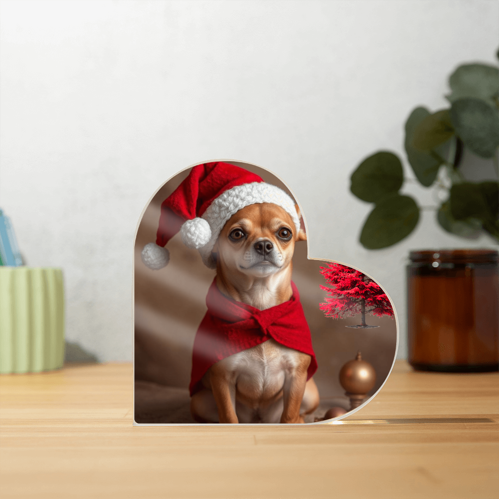 Christmas Chihuahua With red pine tree Acrylic Heart Shaped Plaque