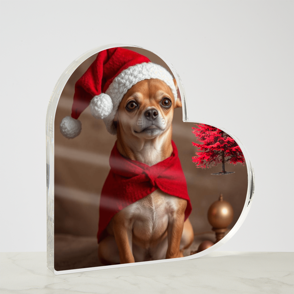 Christmas Chihuahua With red pine tree Acrylic Heart Shaped Plaque