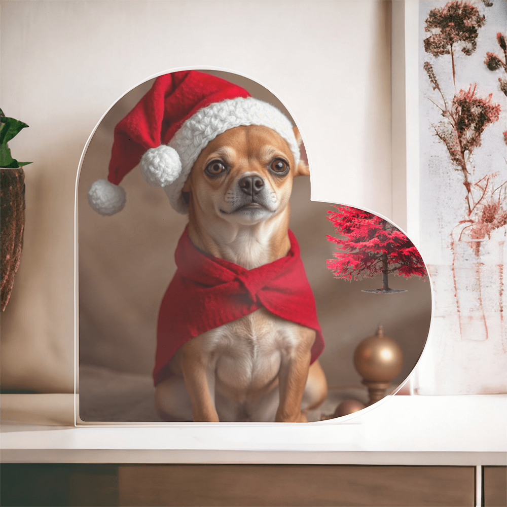 Christmas Chihuahua With red pine tree Acrylic Heart Shaped Plaque